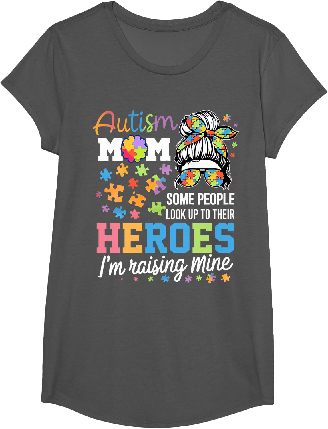 Autism Awareness Mom Raising Heroes Womens Autistic T-Shirt - Girls Asphalt Grey