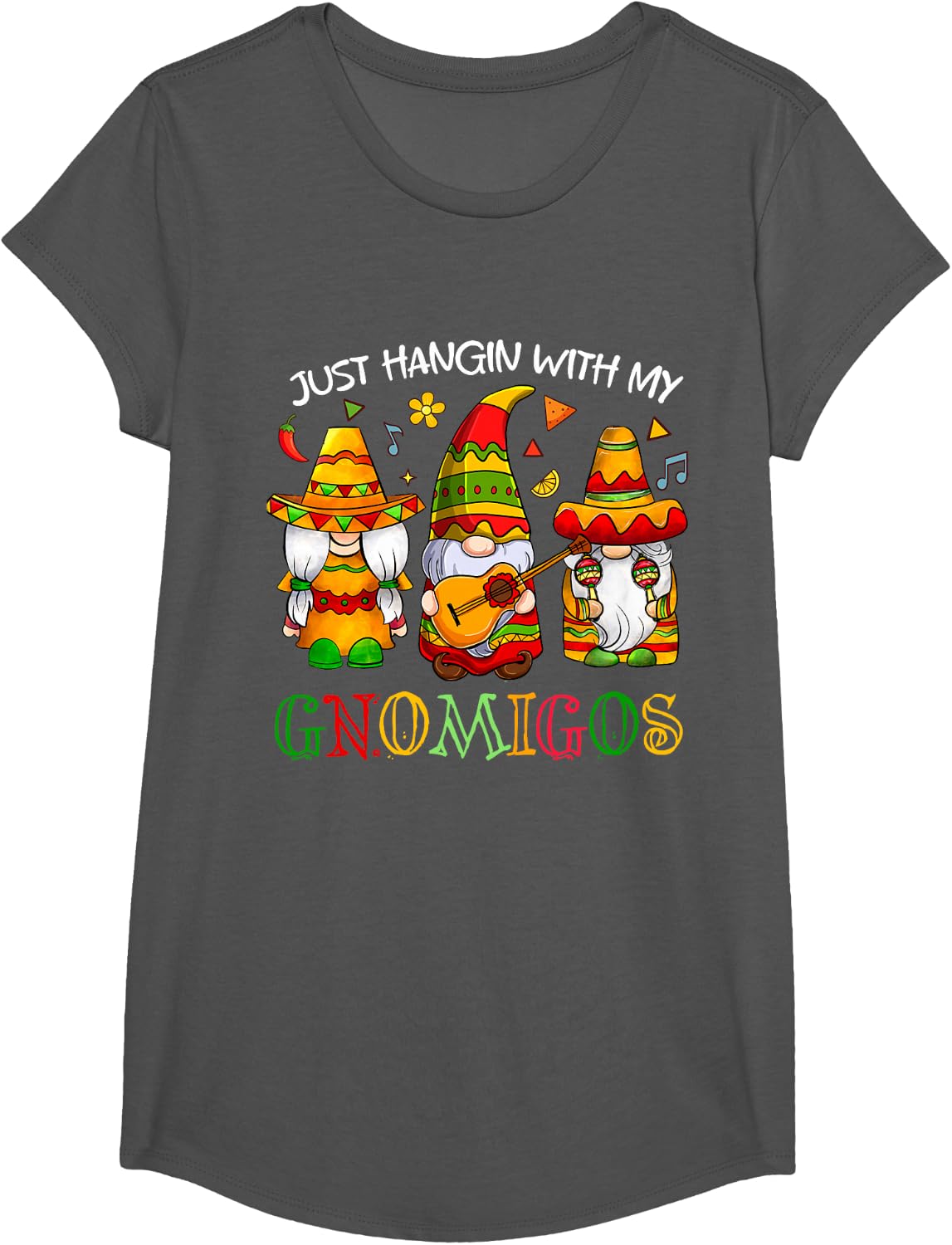 Hangin With My Gnomigos 3 Mexican Gnomes Cinco De Mayo T-Shirt - Girls Asphalt Grey