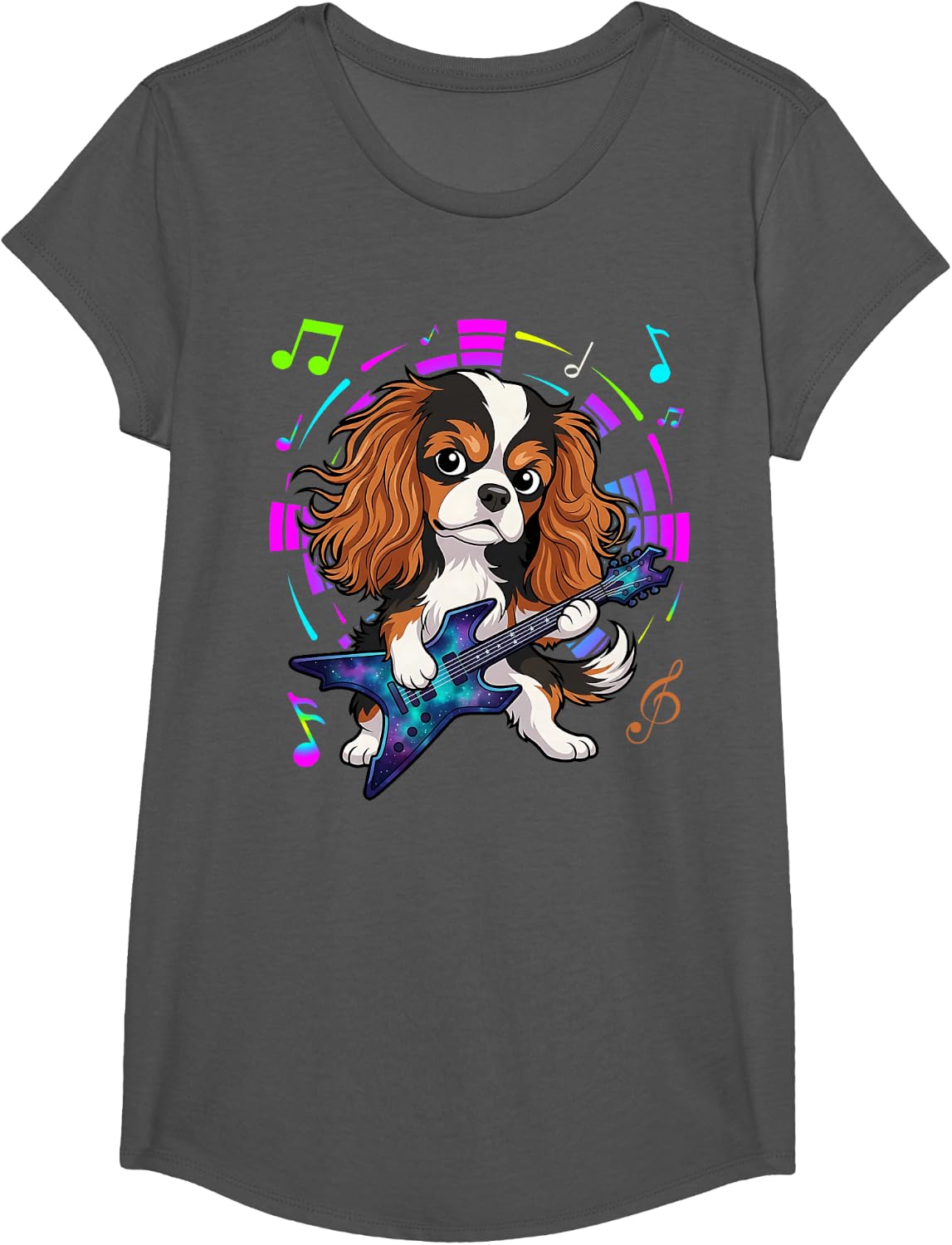 Funny Cavalier King Charles Spaniel Cute Ronk Roll Rocker T-Shirt - Girls Asphalt Grey