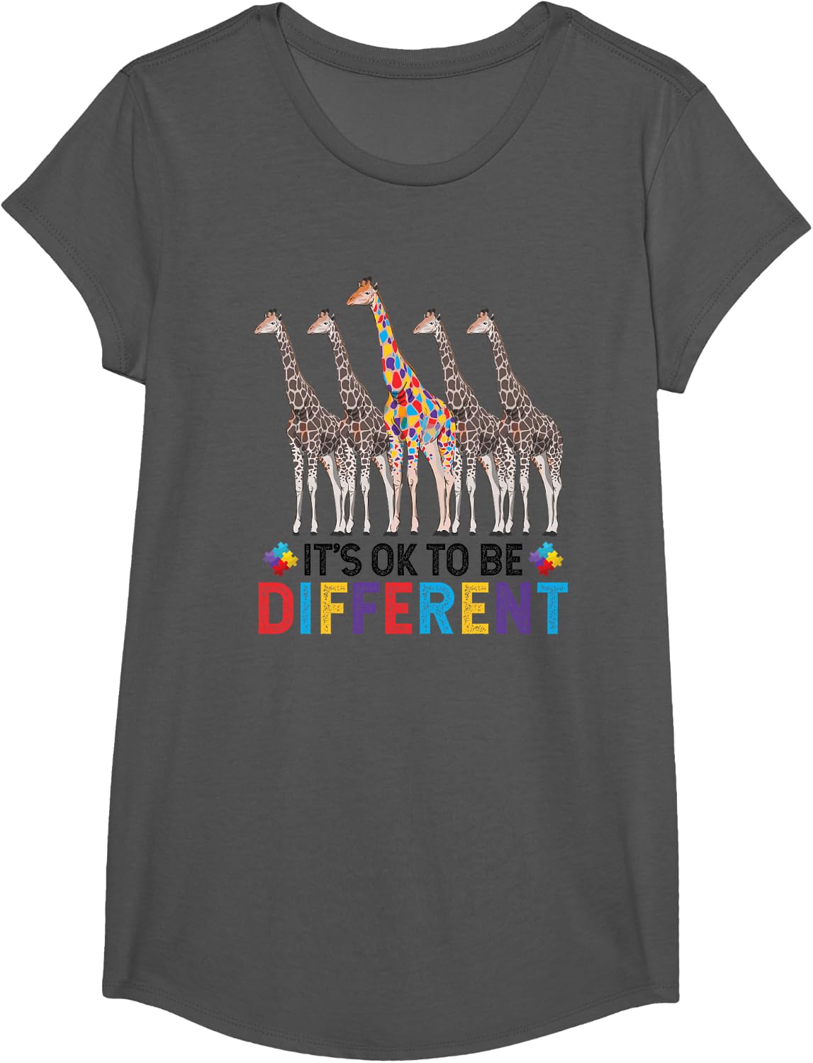 Autism Awareness Cute Giraffe Animal It's Ok To Be Different T-Shirt - Girls Asphalt Grey