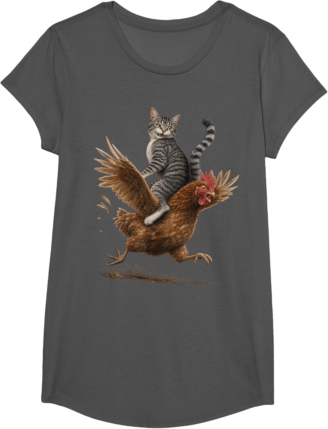Tabby Cat Riding Chicken Farm Animal Fun T-Shirt - Girls Asphalt Grey