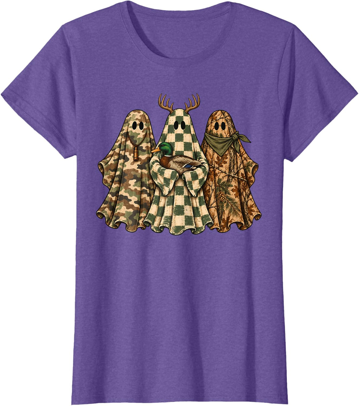 Camo Ghost Duck Deer Hunting Funny Fall Halloween Hunter T-Shirt - Purple Heather
