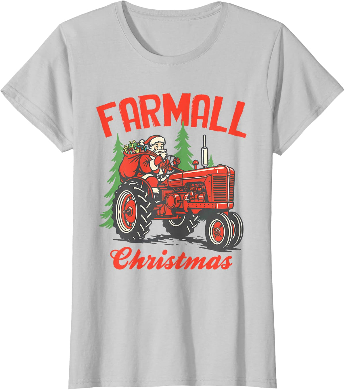 Christmas Santa On Tractor Farmer Tee T-Shirt Farmall Xmas - Silver Grey