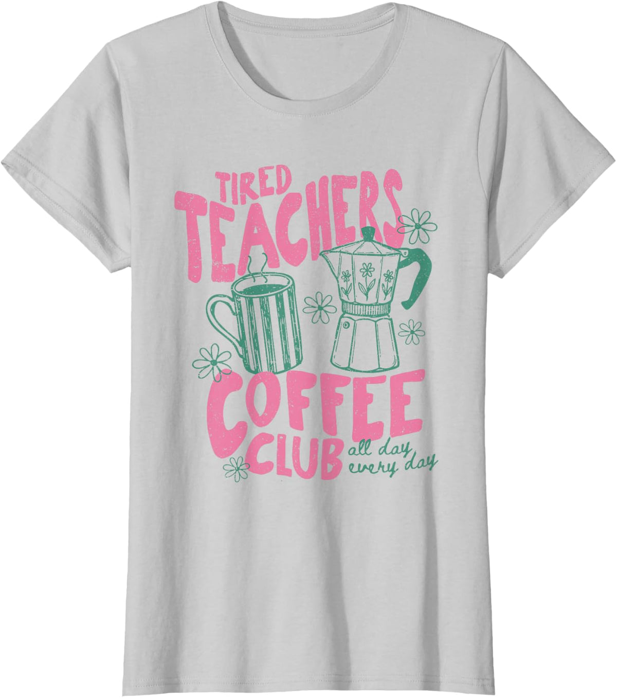 Vintage Preppy Tired Teachers Coffee Club Summer Vacation Tee T-Shirt - Silver Grey