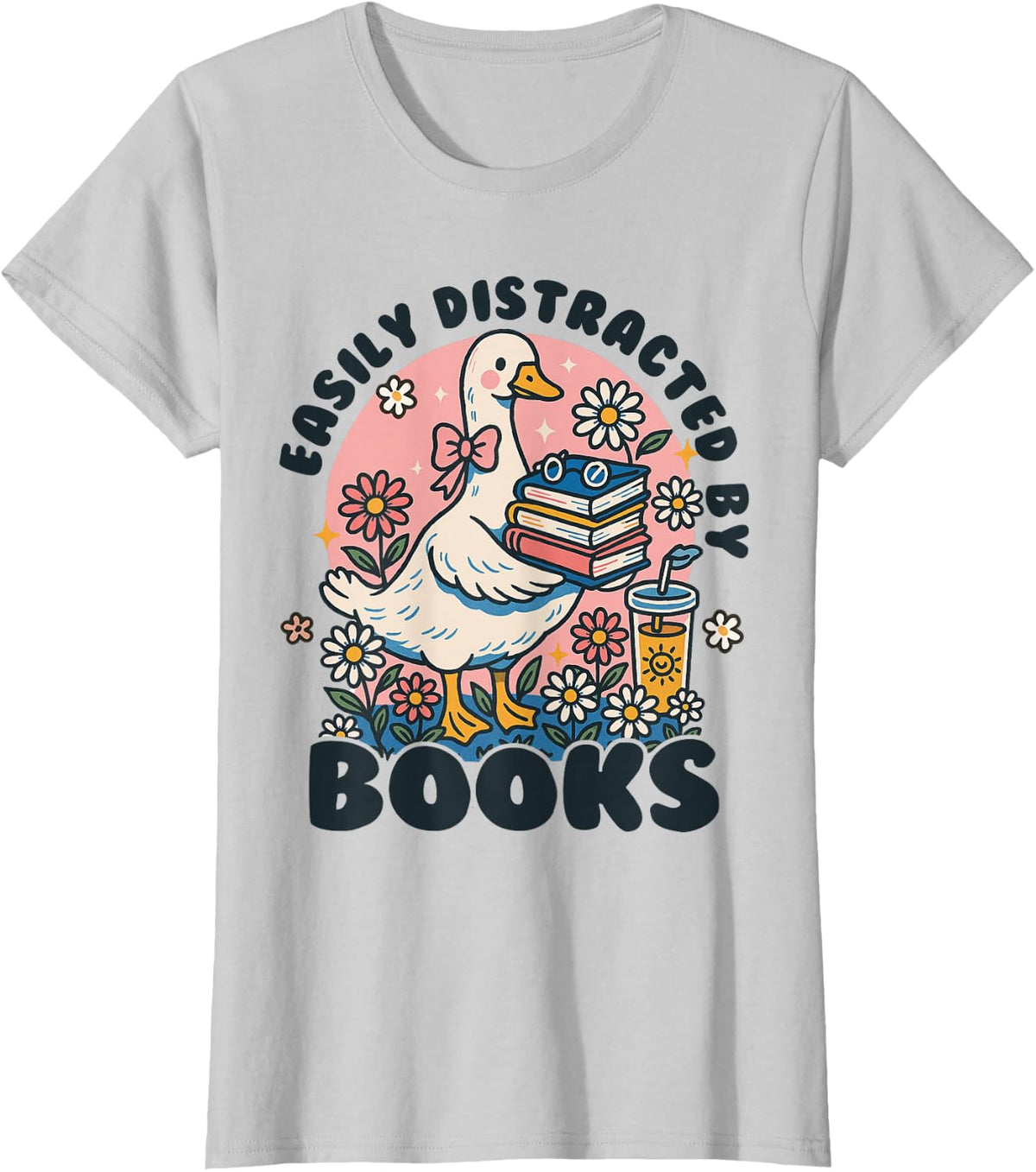Easily Distracted By Books Read Goose Lover Bookworm Reading T-Shirt - Silver Grey