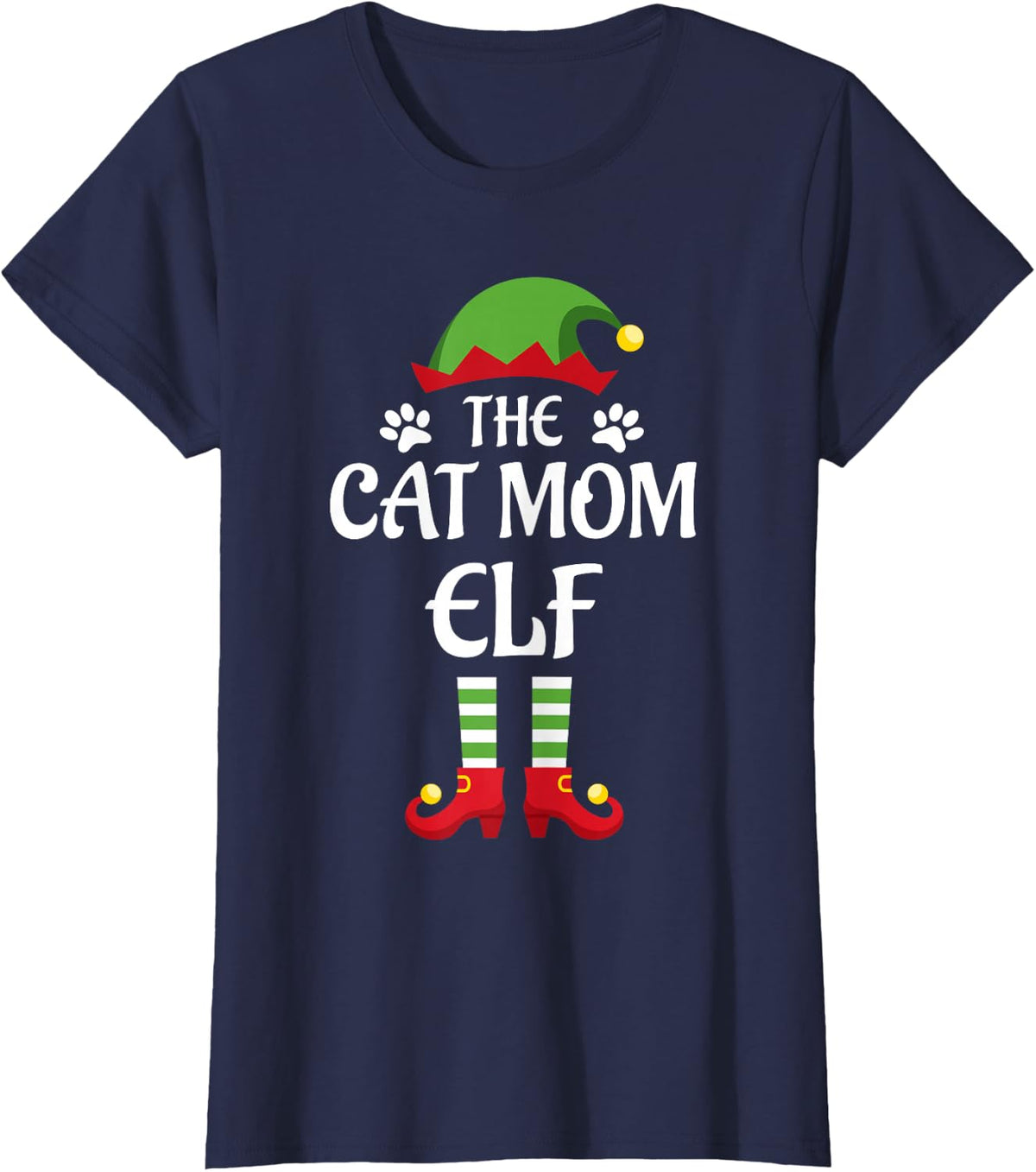 Cat Mom Elf Family Matching Group Christmas Tees T Shirts for Women Men Kids Holiday - Navy Blue