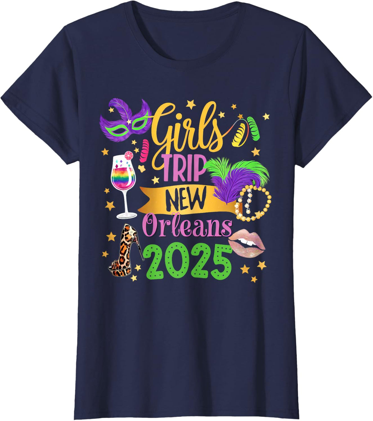 Girls Trip New Orleans 2025 Mardi Gras Mask Beads Family T-Shirt - Navy Blue