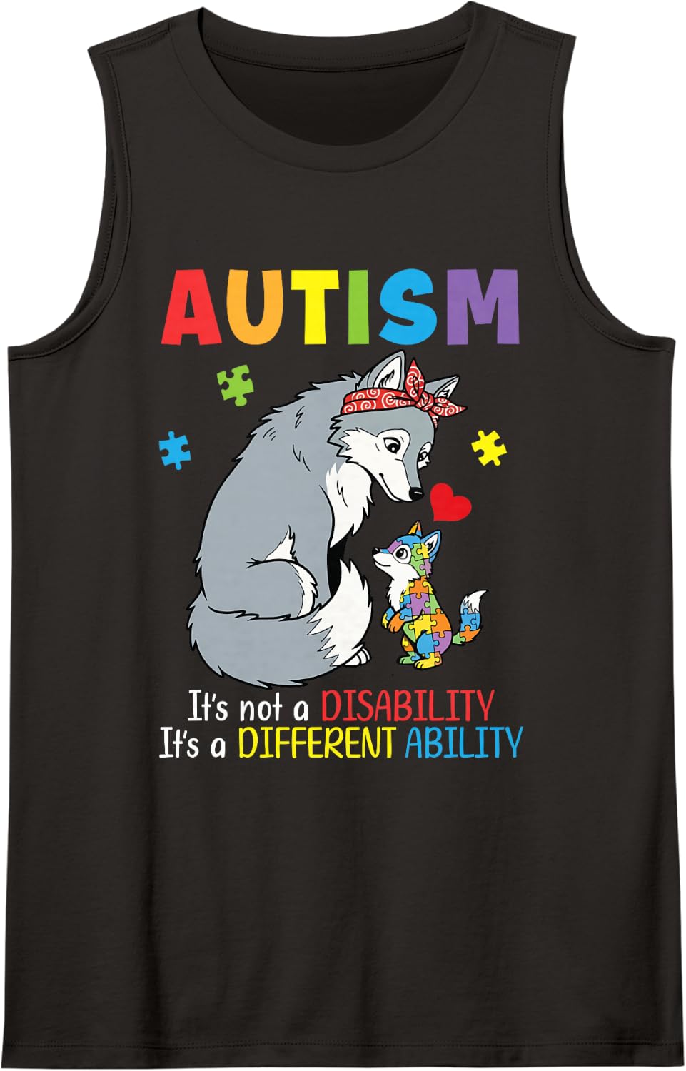 Autism Awareness Mother Wolf Different Ability Puzzle Piece Sleeveless Tank Top - Black