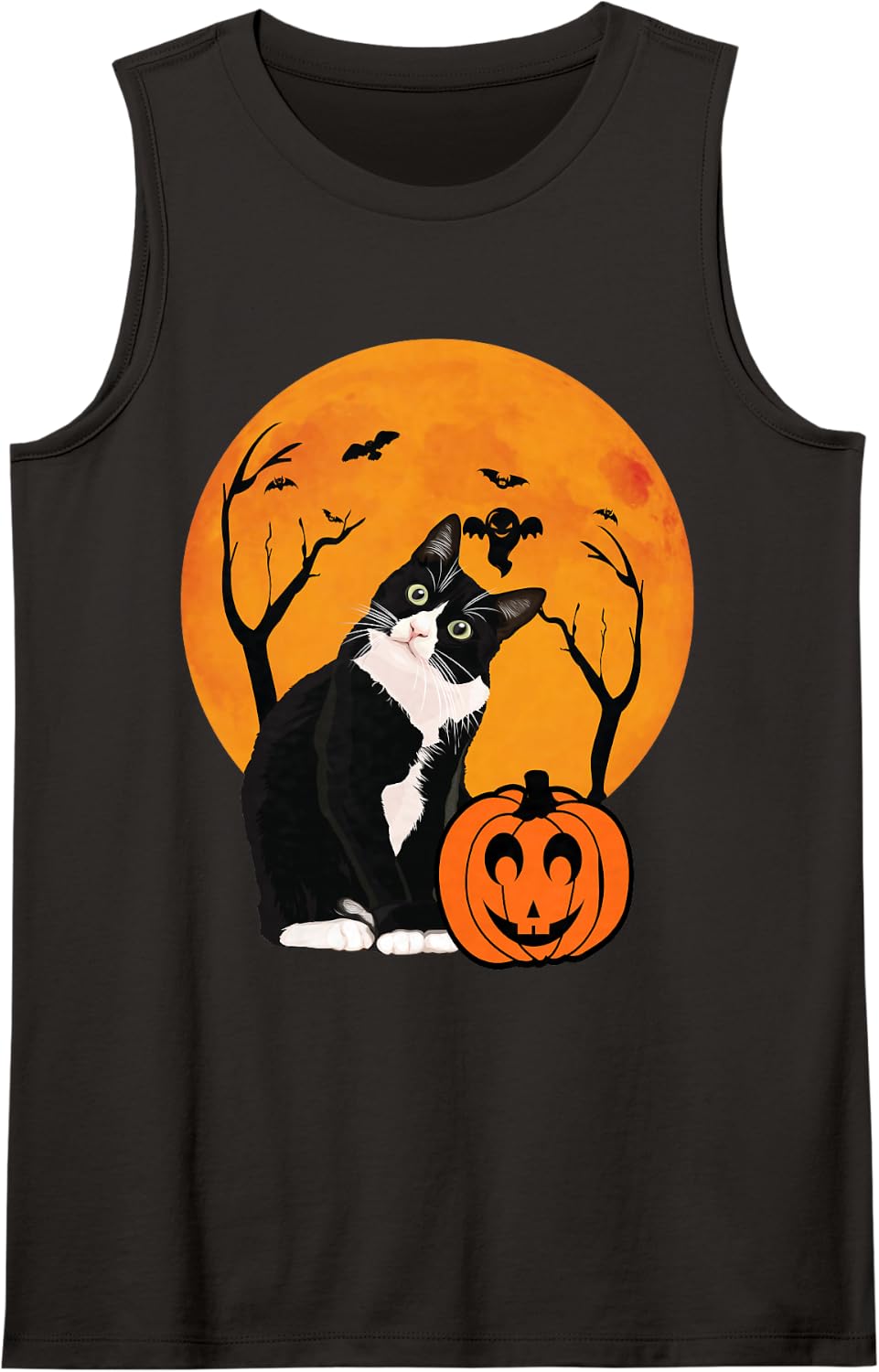 Tuxedo Cat Lazy Halloween Costume Pumpkins Moonlight House Tank Top - Black