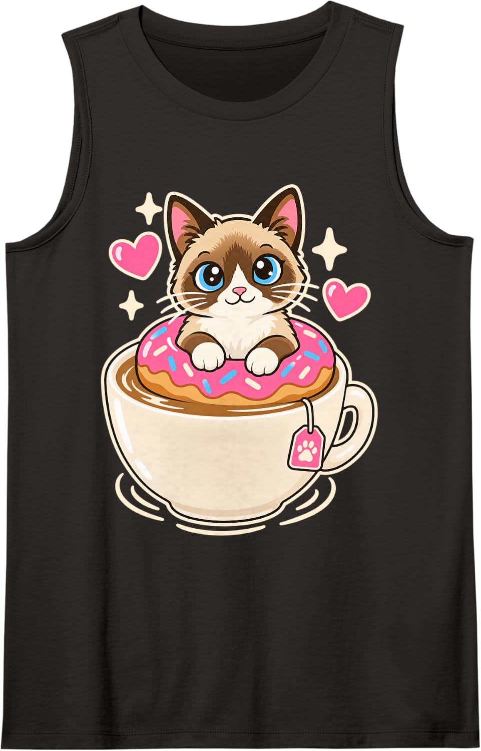 Coffee Donut Snowshoe Cat Sleeveless Tank Top - Black