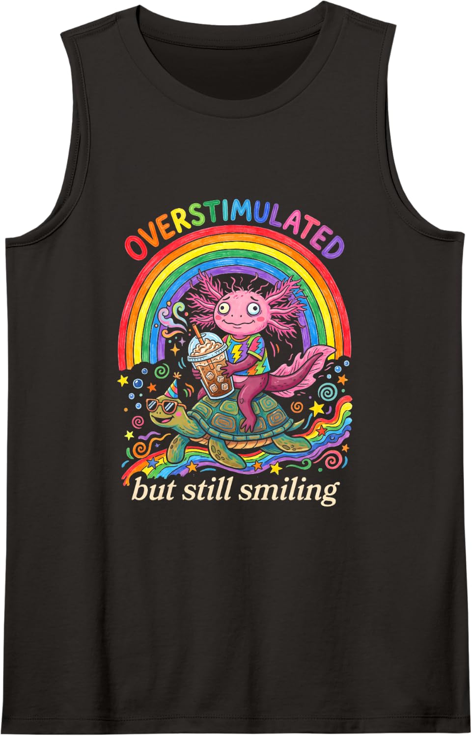 Axolotl overstimulated Sensory Overload Rainbow Sleeveless Tank Top - Black