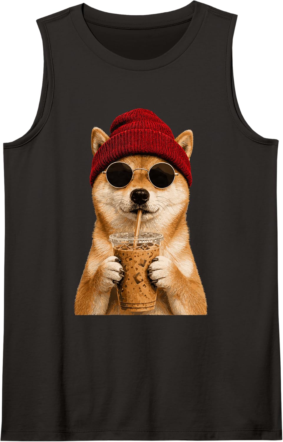 Shiba Inu Dog Hipster Iced Coffee Funny Shiba Inu Sleeveless Tank Top - Black