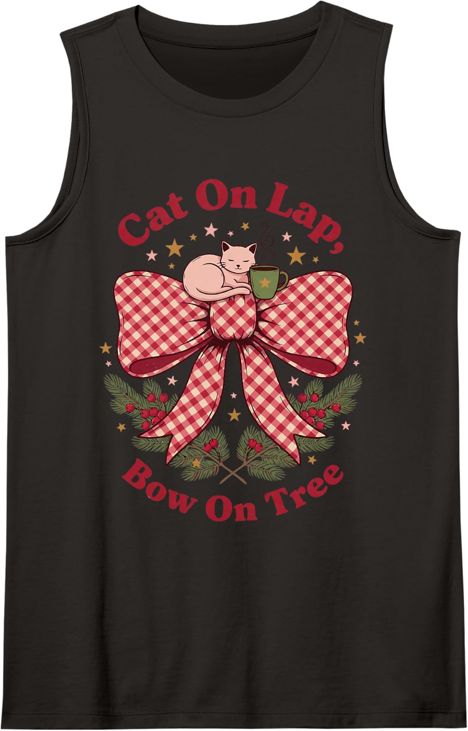 Christmas Cat Mom - Cat On Lap, Bow On Tree Sleeveless Tank Top - Black