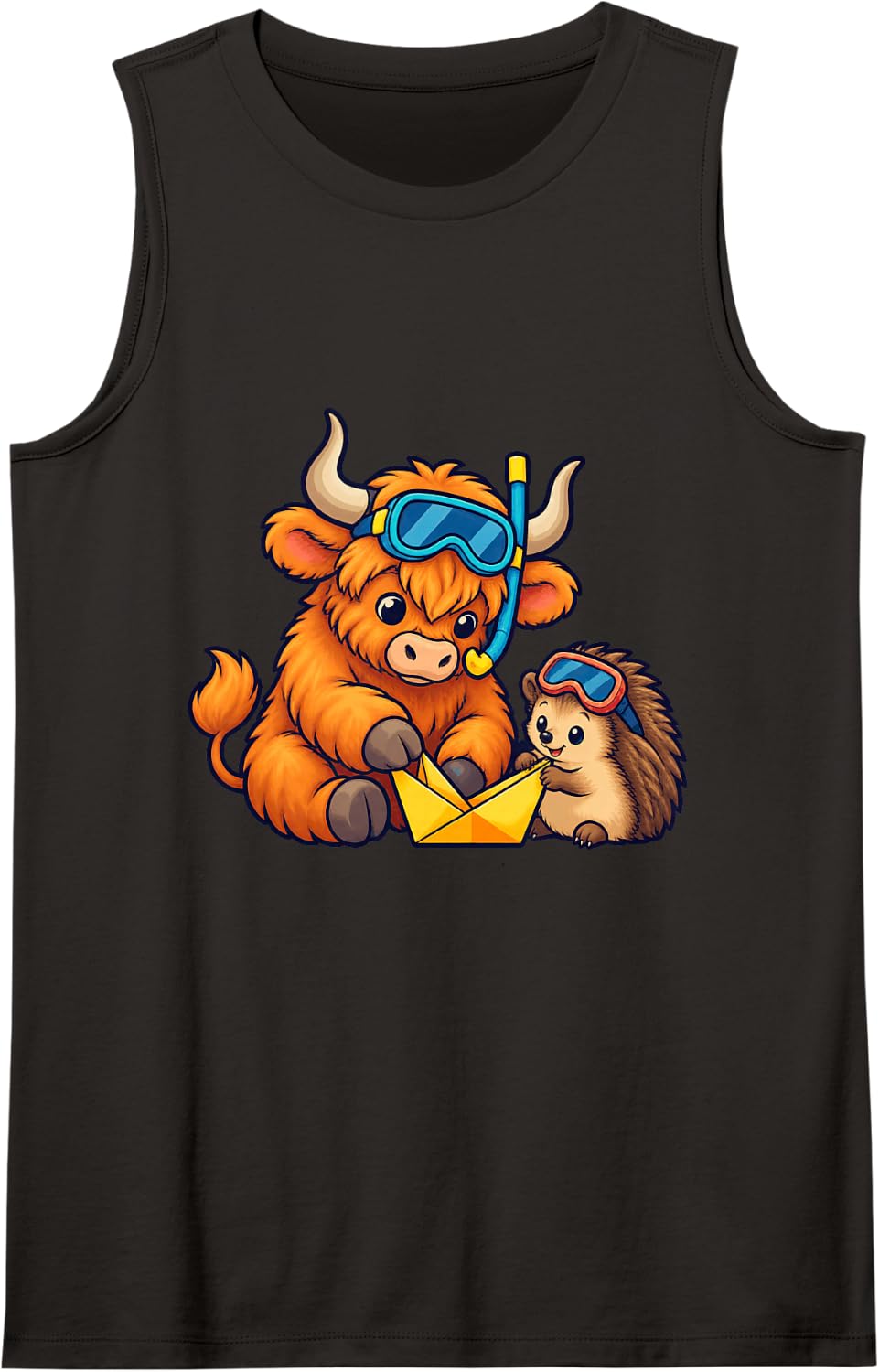 Calm Highland Cow Folds One Little Paper Boat with a Young Sleeveless Tank Top - Black