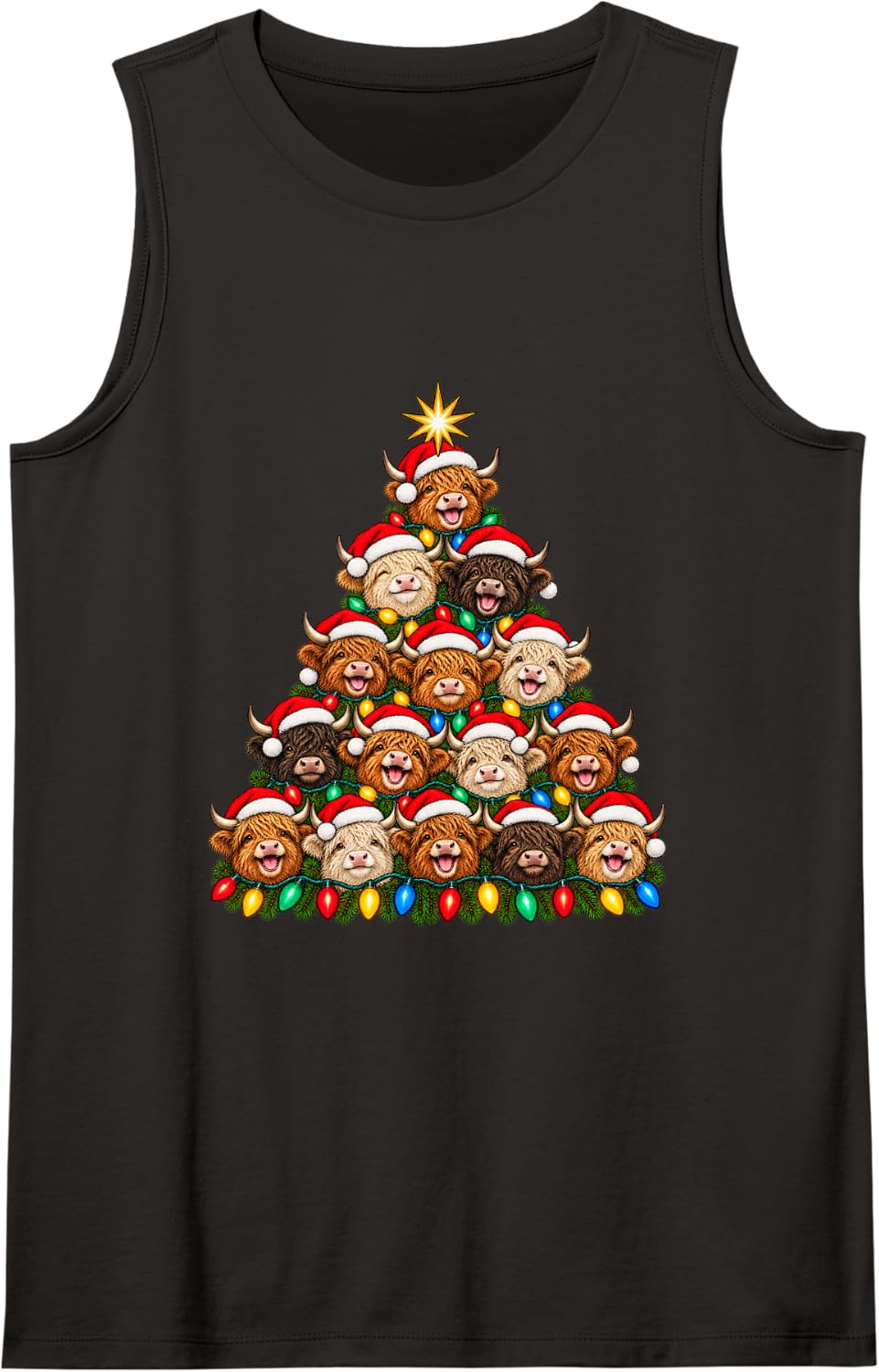 Highland Cows Christmas Tree Cute Santa Hats Xmas Sleeveless Tank Top - Black