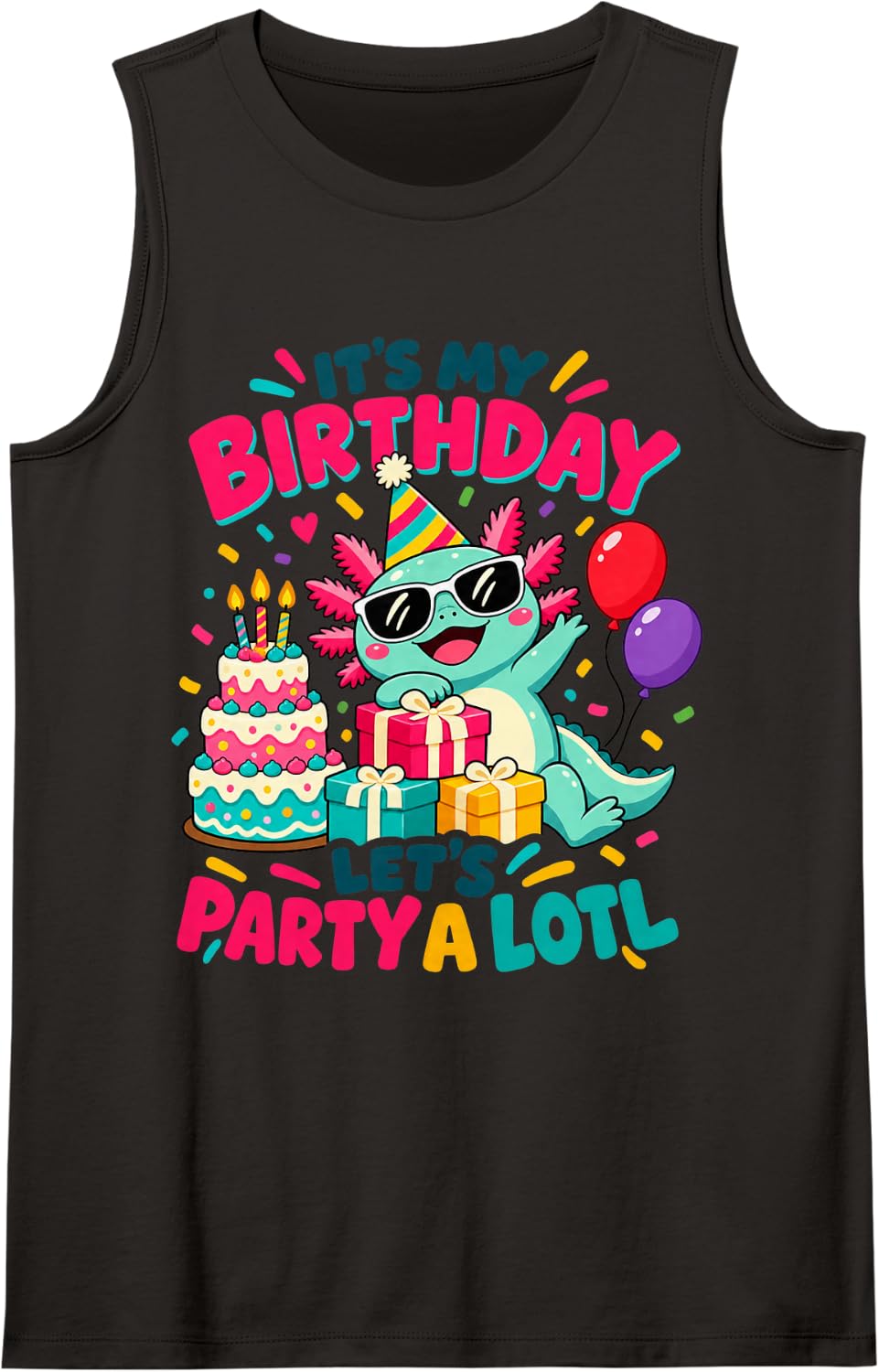 Kawaii Axolotl Birthday Celebration Sleeveless Tank Top - Black