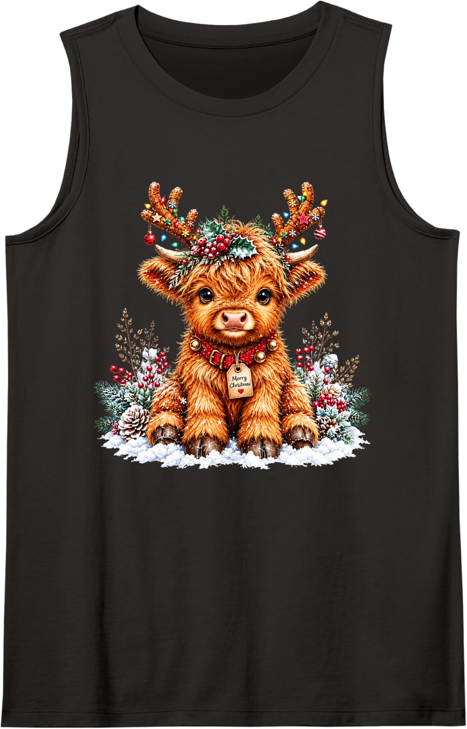 Merry Christmas Highland Cow Reindeer Antlers Lights Cute Sleeveless Tank Top - Black
