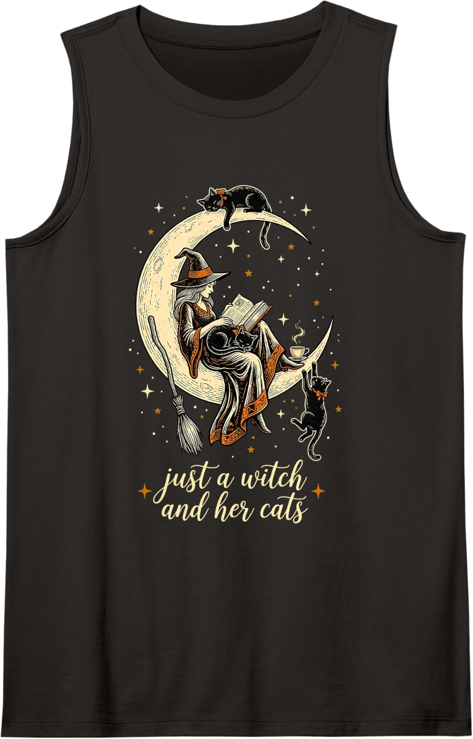 Just a Witch and Her Cats Witchy Crescent Moon Reading Women Sleeveless Tank Top - Black