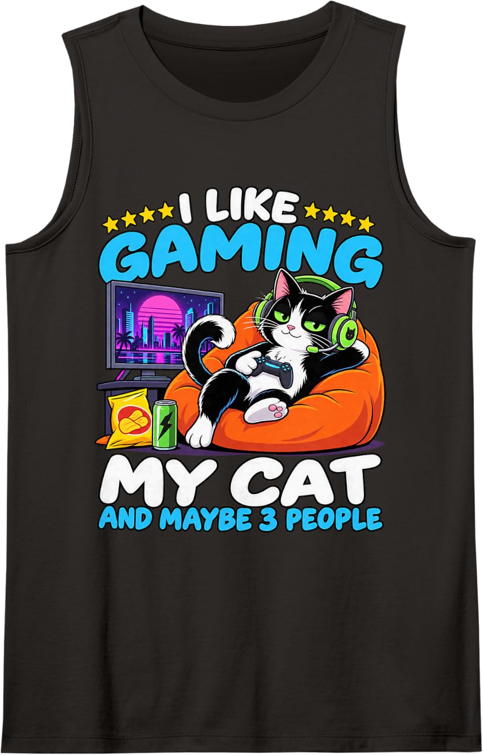 Tuxedo Cat Gamer Reclining on Beanbag Sleeveless Tank Top - Black