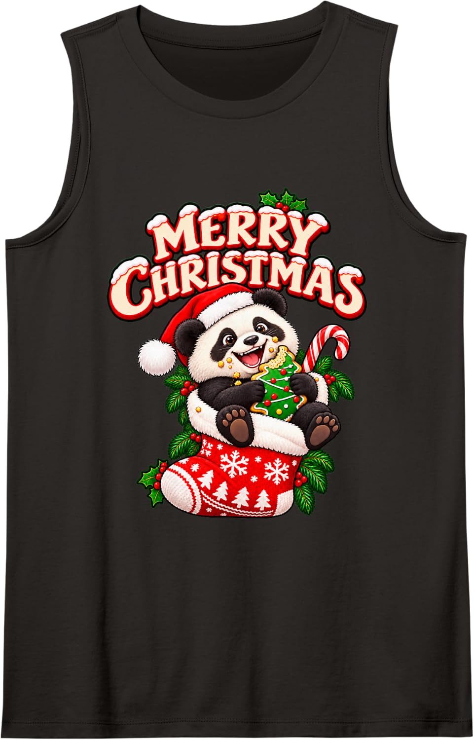 Merry Christmas Happy Panda Cute Stocking Funny Sleeveless Tank Top - Black