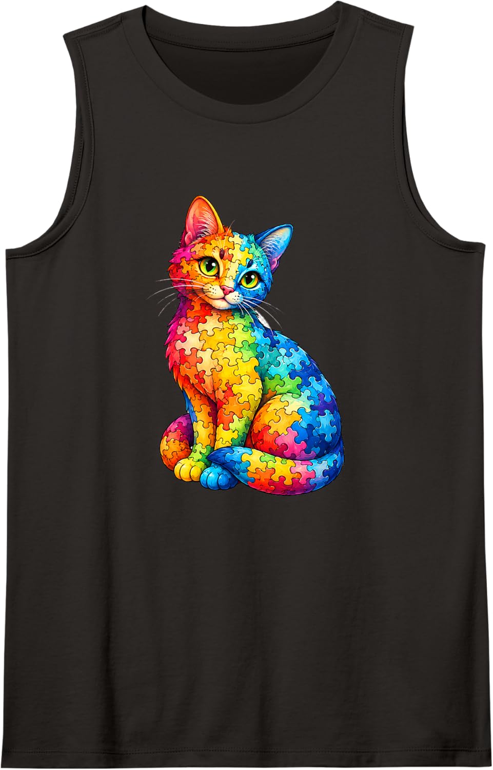 Cute Cat Autism Awareness Kids Kitten Puzzle Day Mom Sleeveless Tank Top - Black