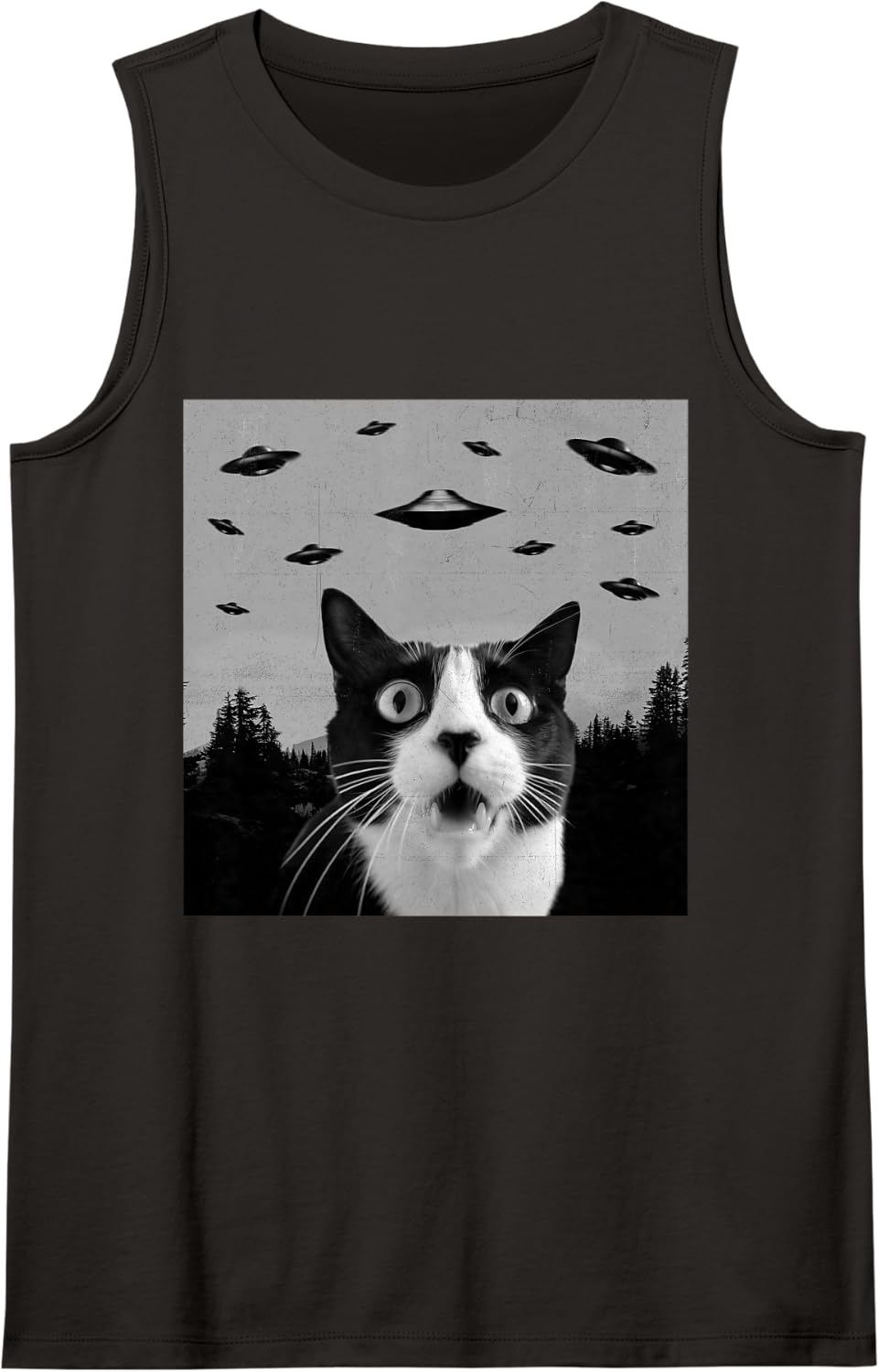 Alien UFO Funny Tuxedo Cat Lover Men Women Kids Sleeveless Tank Top - Black