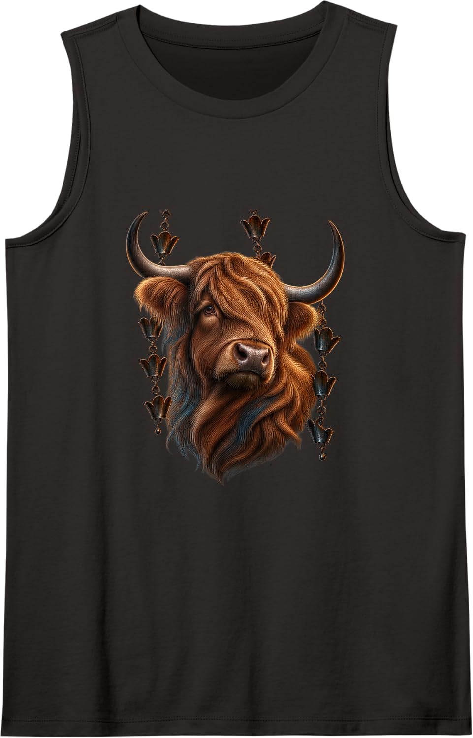 Highland Cow with Amber Lantern Chains Rustic Animal Art Sleeveless Tank Top - Black
