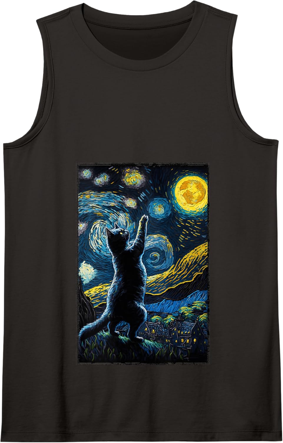 Starry Night Cat Van Gogh Style Cat Lovers, Cat Mom, Cat Dad Tank Top - Black