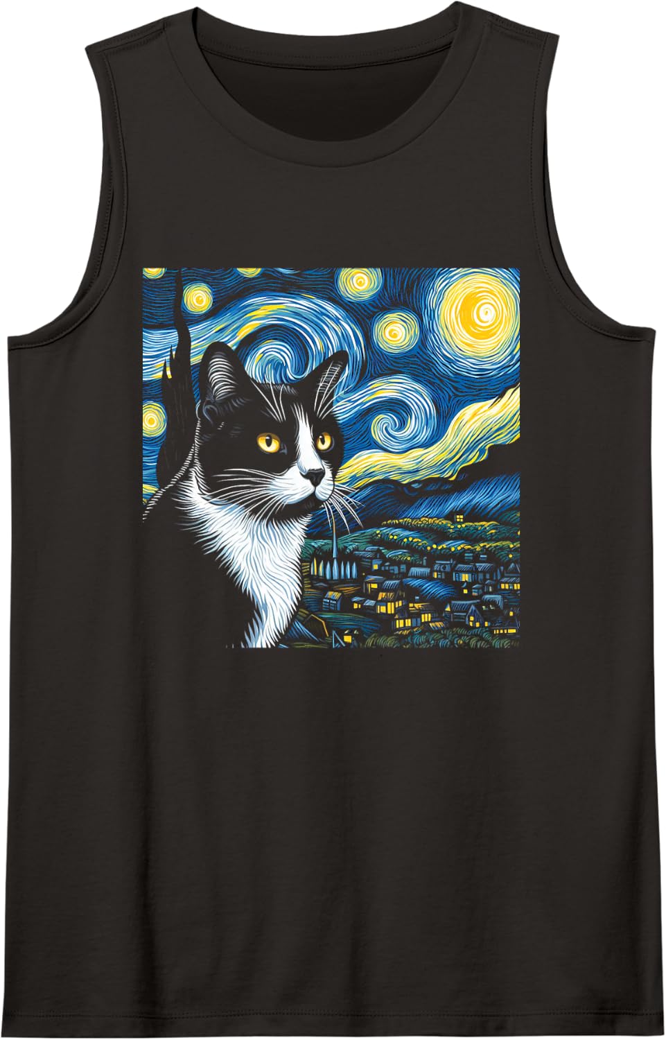 Tuxedo Cat Starry Night Painting Tuxedo Cat Lover Sleeveless Tank Top - Black