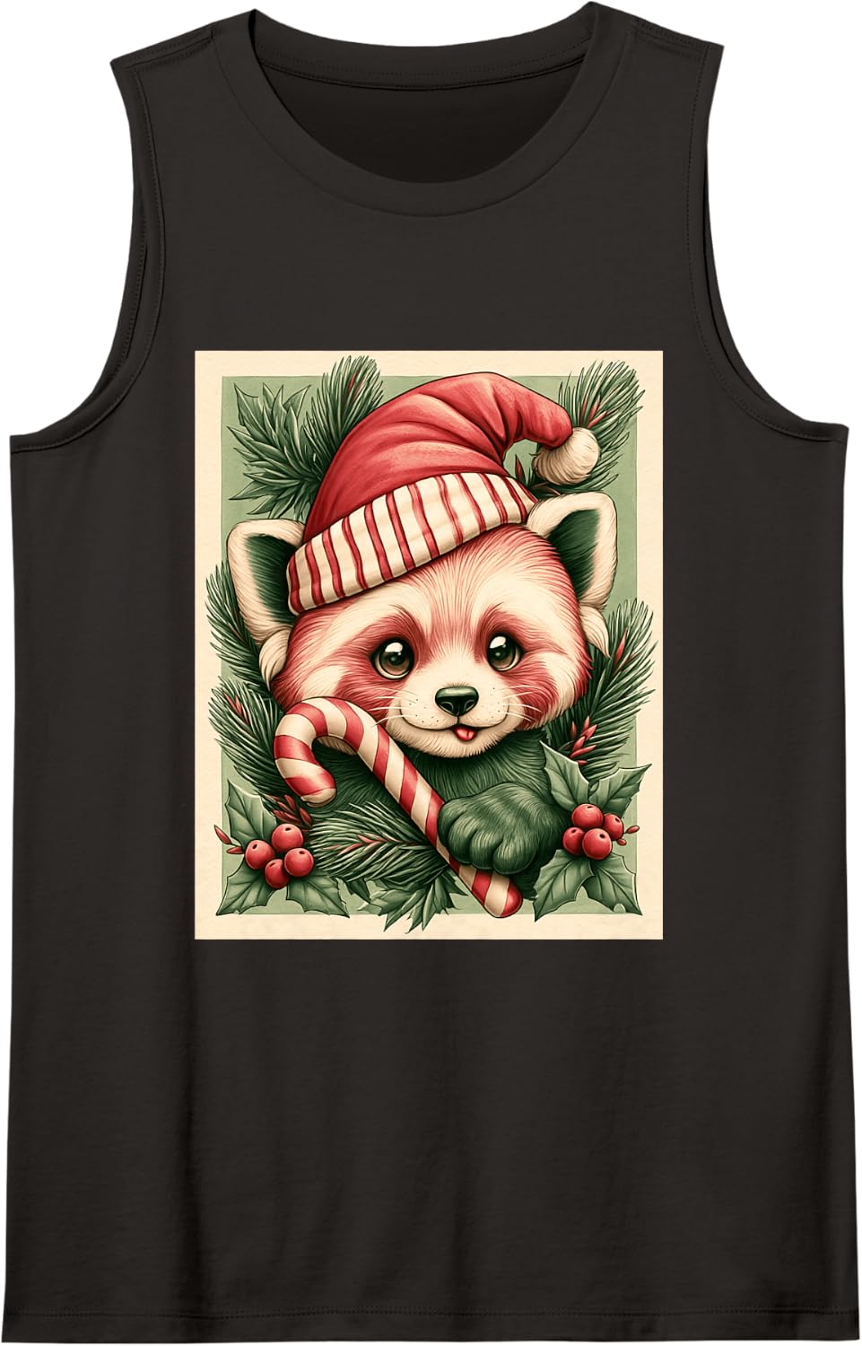 Cottagecore Christmas Red Panda Graphic Christmas Animal Sleeveless Tank Top - Black