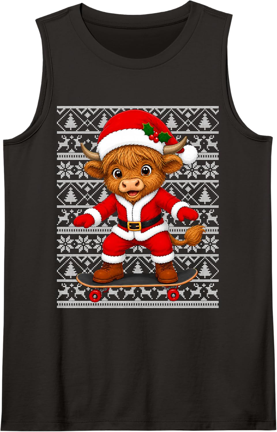 Cute Santa Festive Skateboarding Highland Cow Christmas Ugly Sleeveless Tank Top - Black