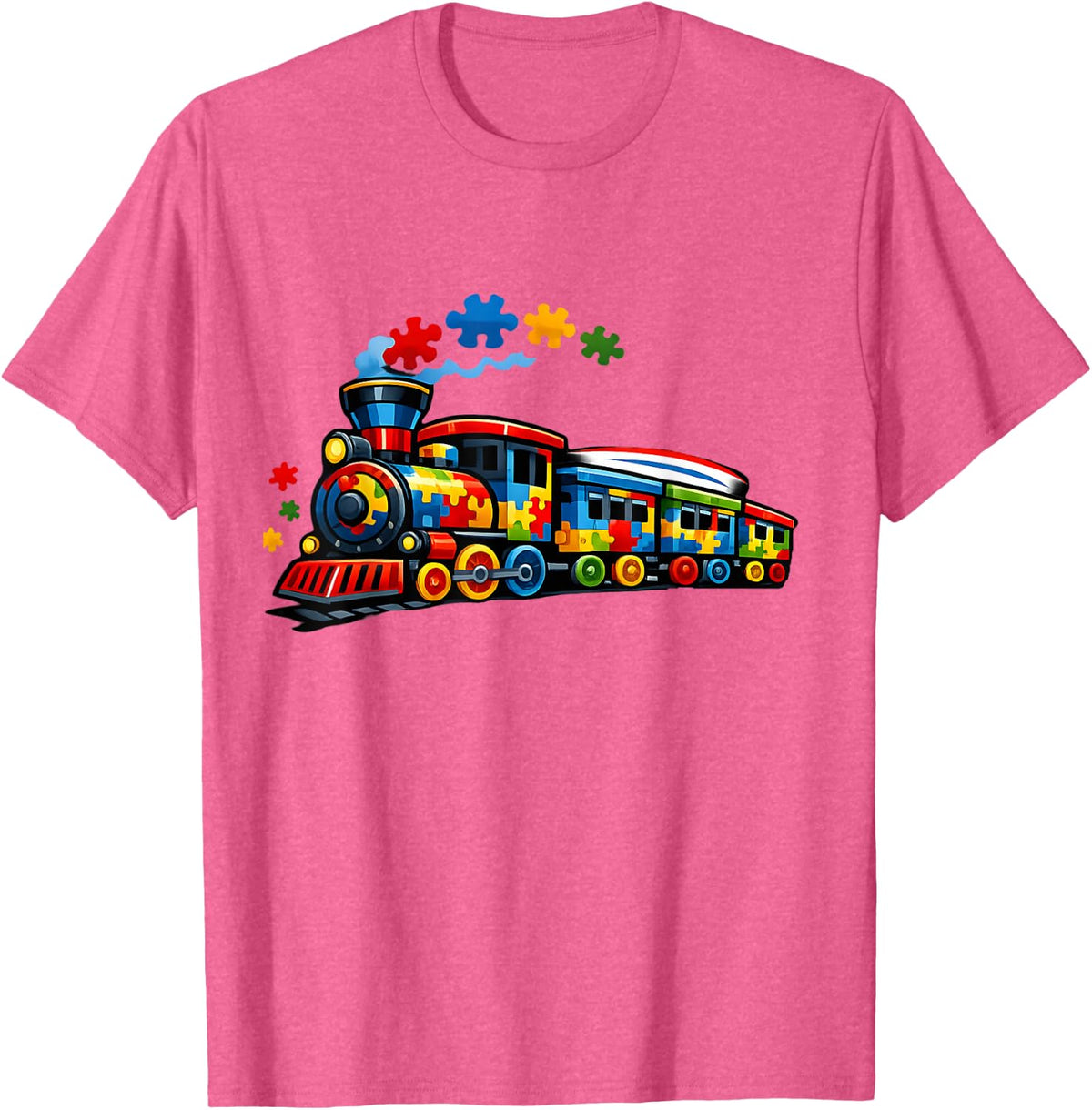 Autism Awareness Cute Train Tees T Shirts Yellow Red Blue Design for Kids - Pink Heather
