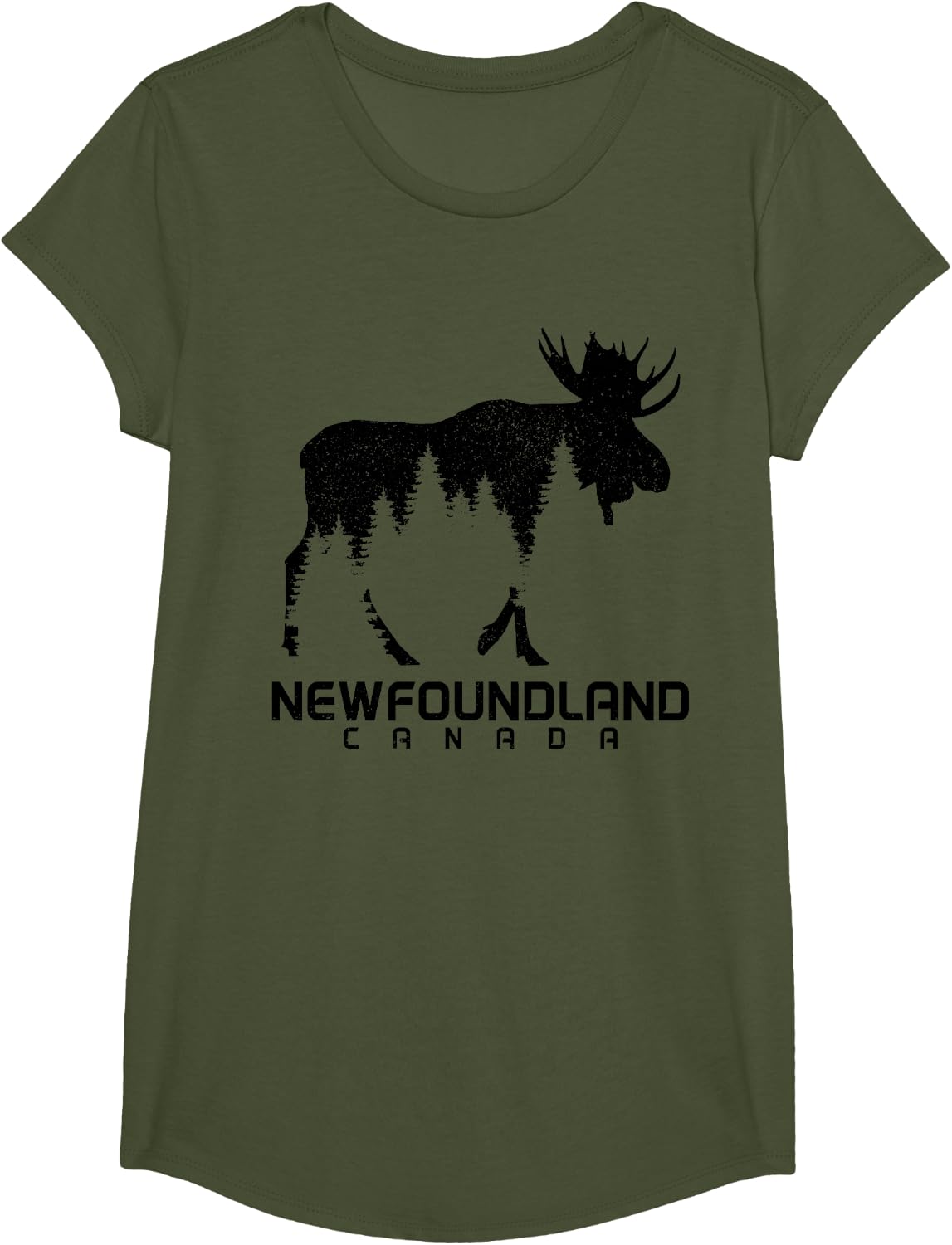 Newfoundland Canada Vintage Moose Souvenir T-Shirt - Girls Olive Green