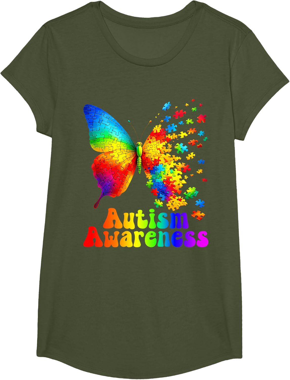 Autism Awareness Butterfly Puzzle Support Autistic Womens T-Shirt - Girls Olive Green