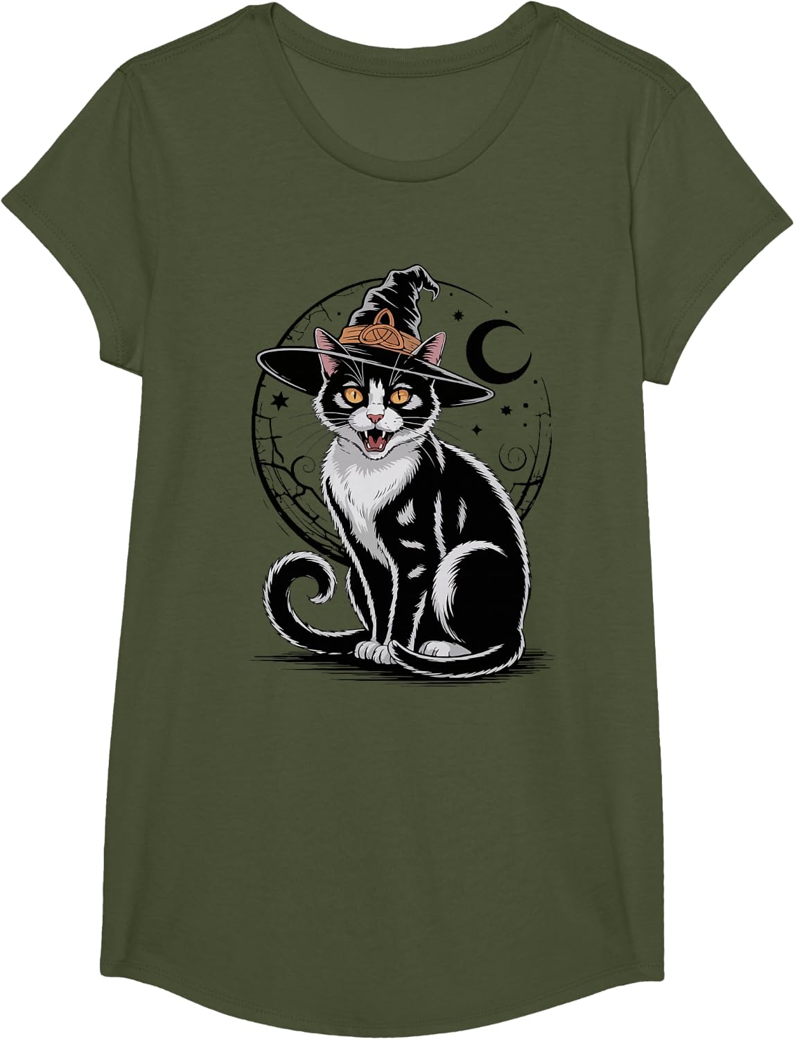 Halloween Retro Tuxedo Cat Witch & Moon Mom Dad Funny Women T-Shirt - Girls Olive Green