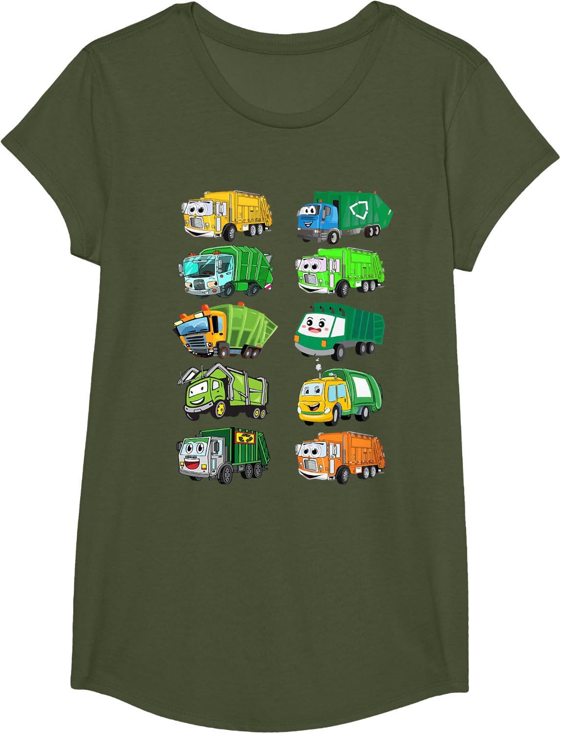 Kids Types of Garbage Truck Shirt Toddler Boy Funny Graphic T-Shirt - Girls Olive Green