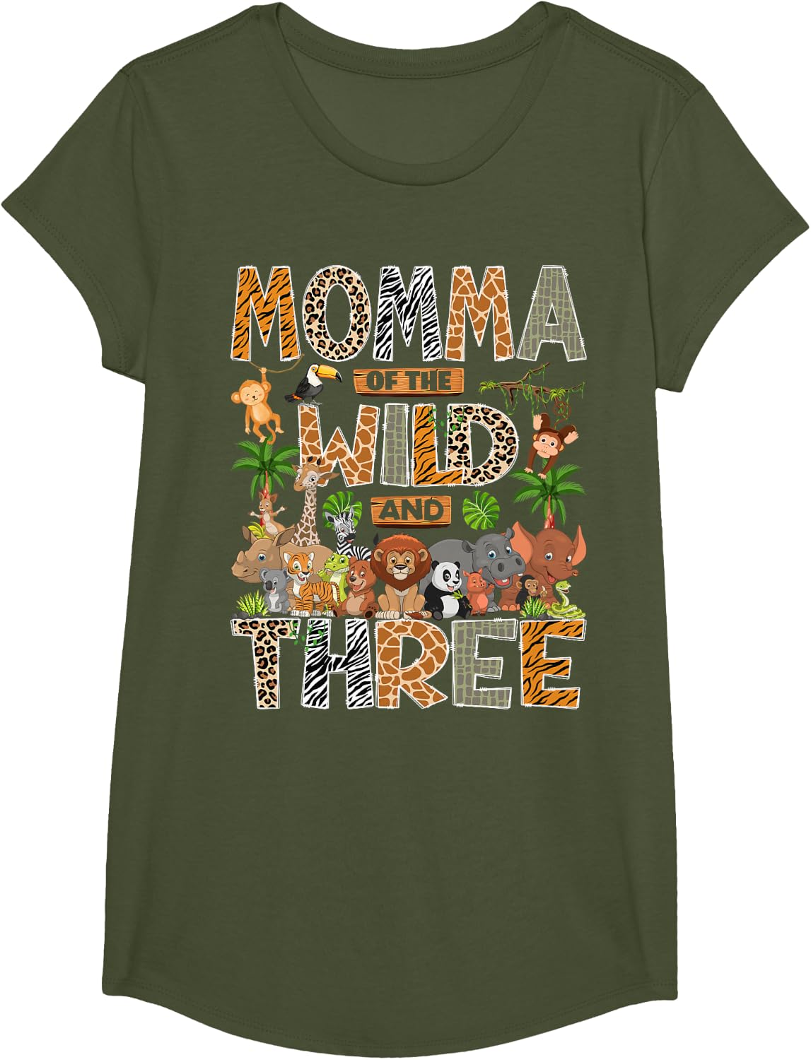 Momma of The Wild & Three 3rd Birthday Boy Safari Jungle T-Shirt - Girls Olive Green
