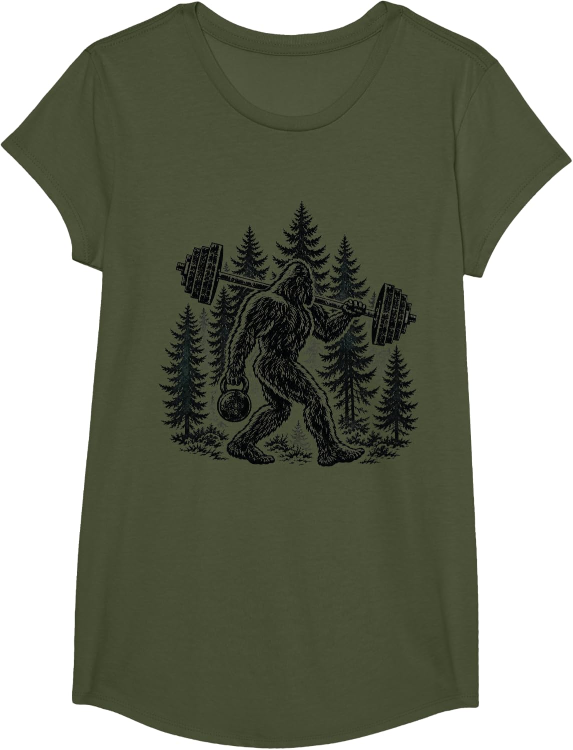 Bigfoot Weightlifting Funny Gym Strength Training Graphic T-Shirt - Girls Olive Green