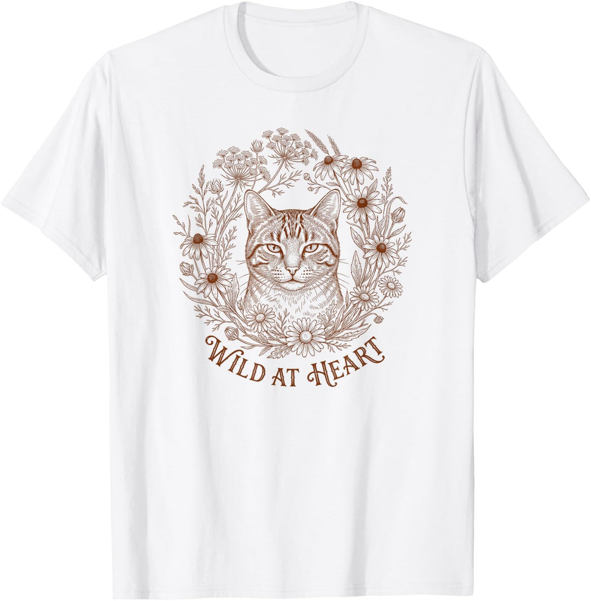 Wild At Heart Tabby Cat Floral Wreath T-Shirt - White