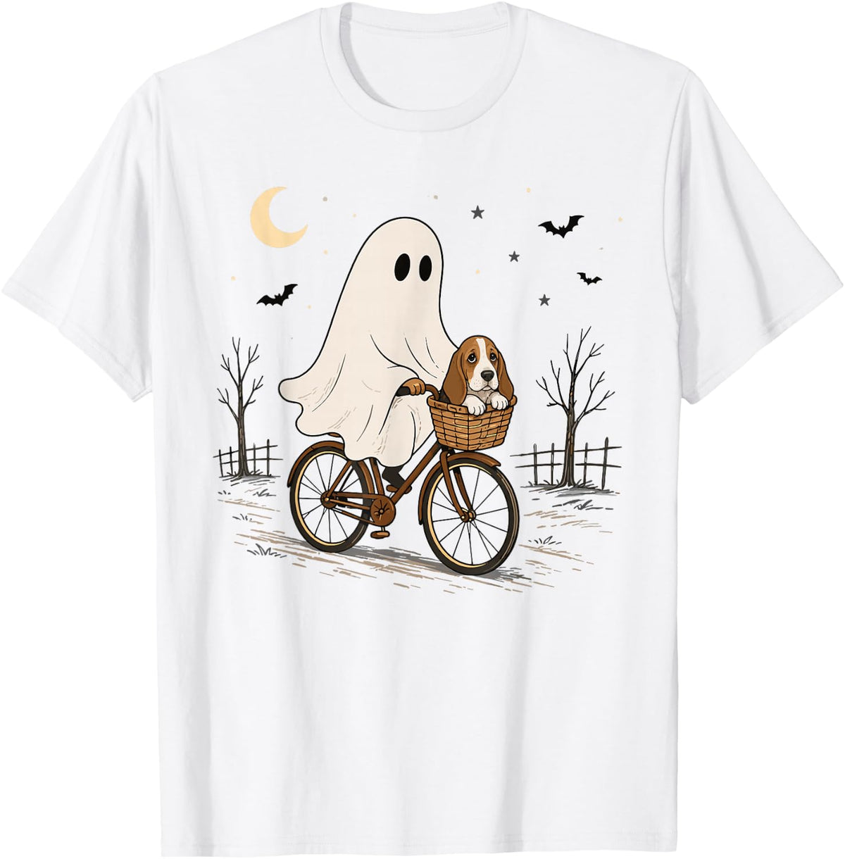 Ghost Bicycle Basset Hound Halloween Night Ride T-Shirt - White