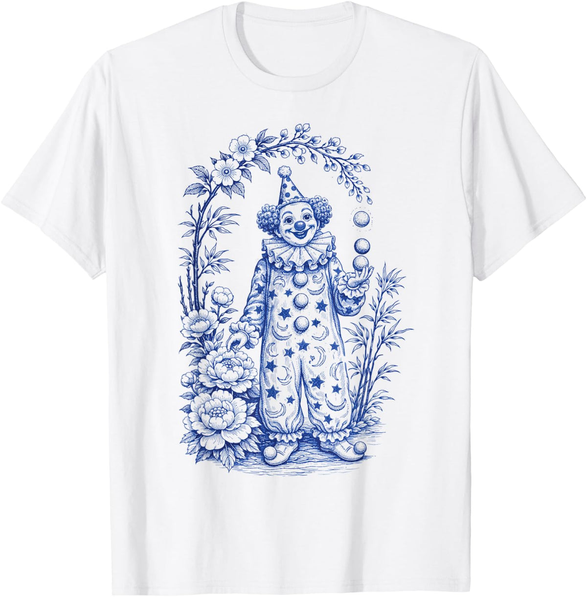 Cute Blue Chinoiserie Circus Clown Floral Design Circus Core T-Shirt - White