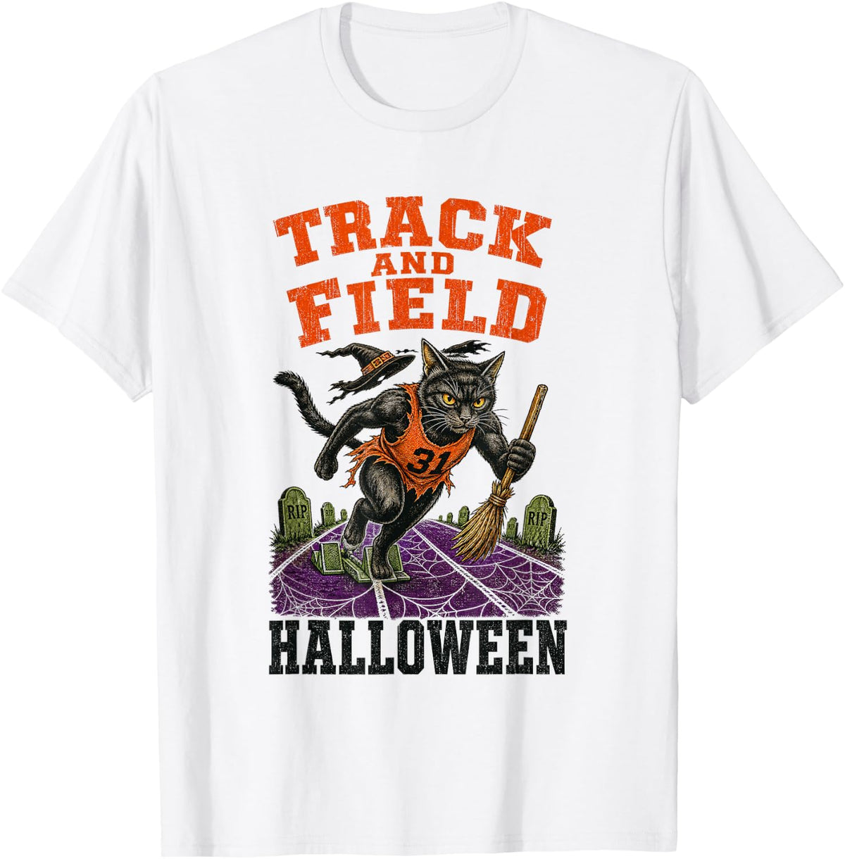 Track and Field Halloween Cat Funny T-Shirt - White