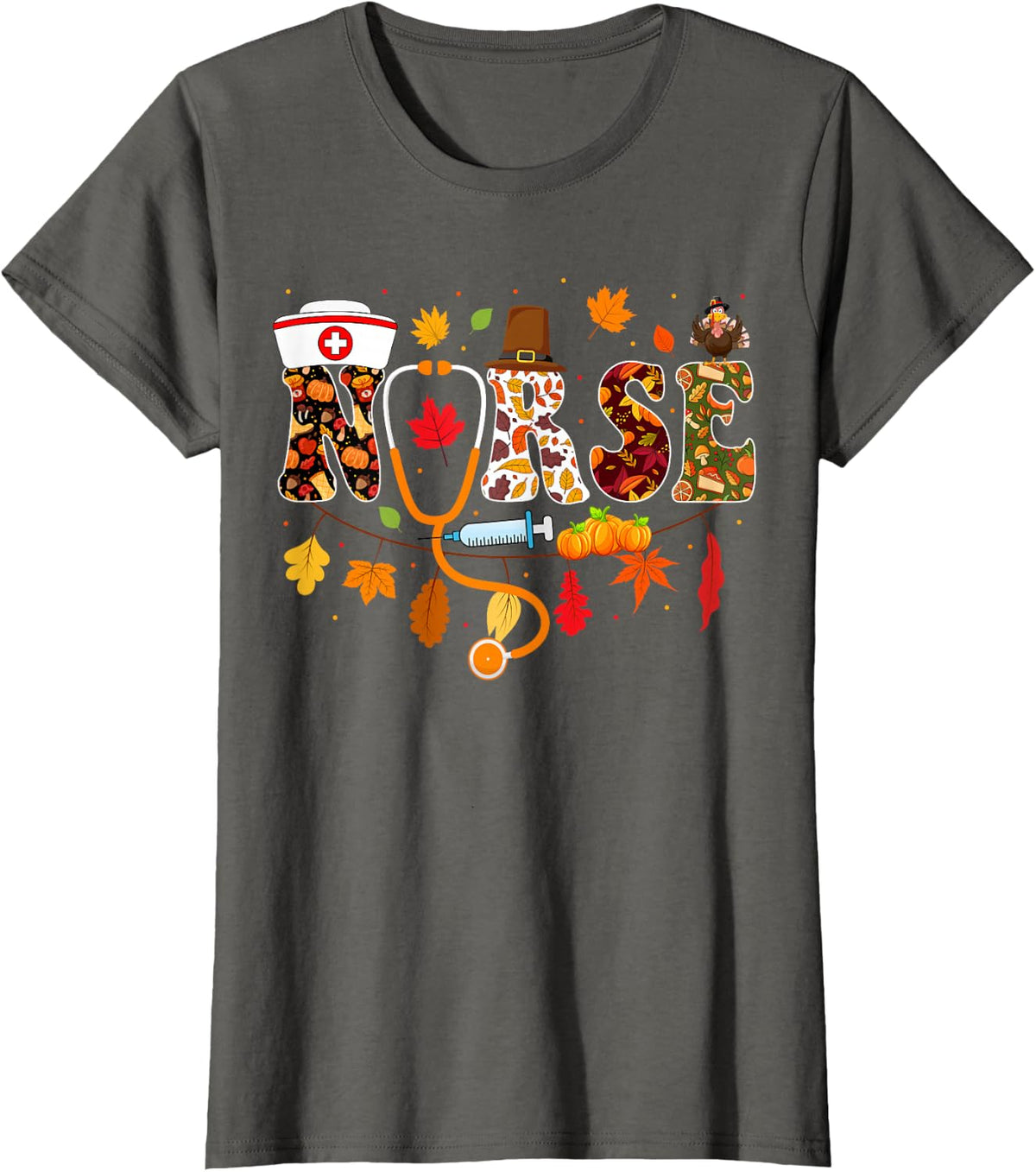 Thanksgiving Nurse Fall Nursing Thanksgiving Nurse Turkey RN T-Shirt - Asphalt Grey