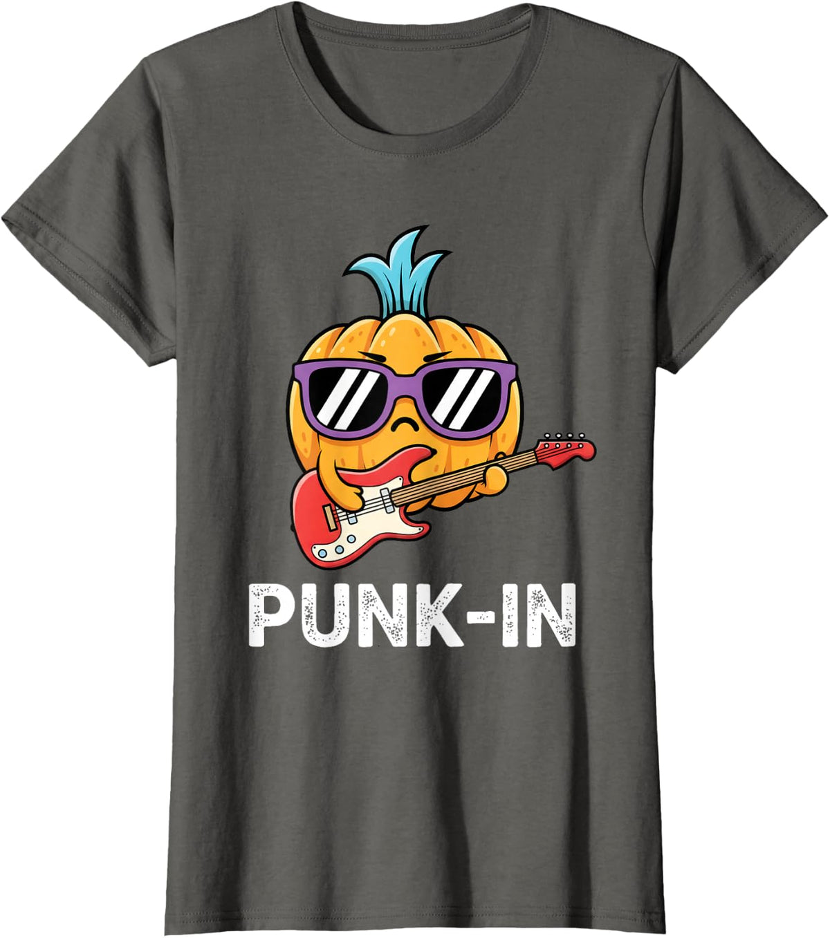 Punk-in Rocker Pumpkin Funny Music Pun Halloween Art T-Shirt - Asphalt Grey