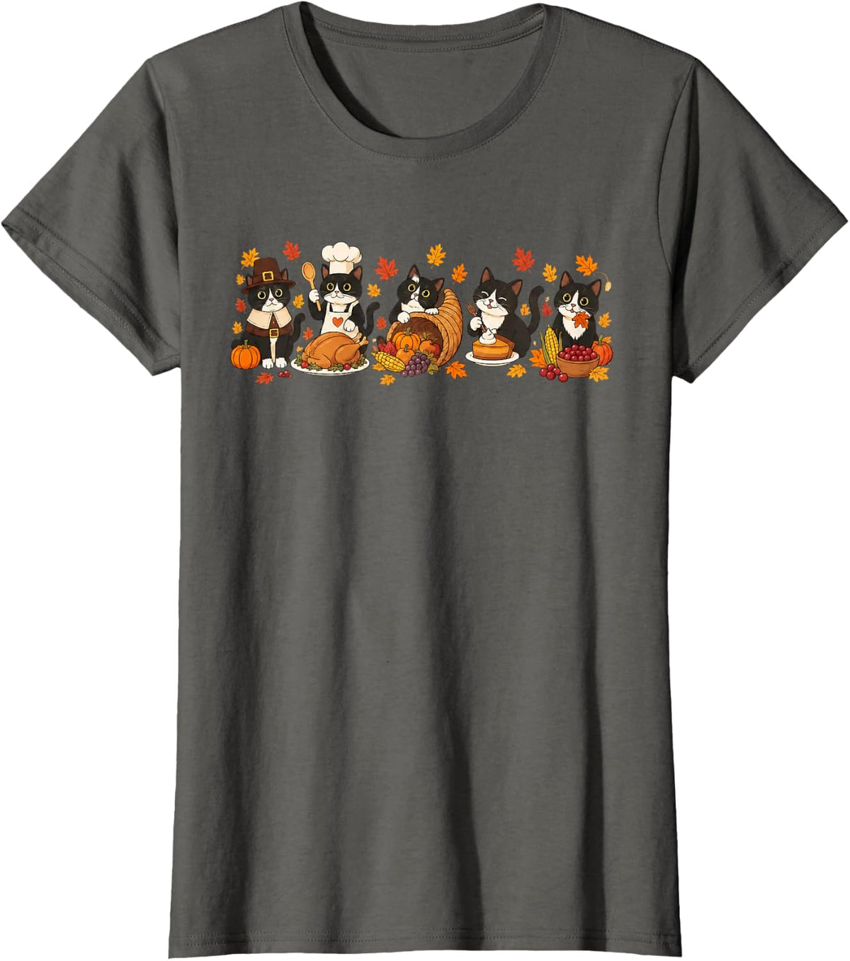 Cute Tuxedo Cats Thanksgiving Cozy Autumn Cute Fall Season T-Shirt - Asphalt Grey