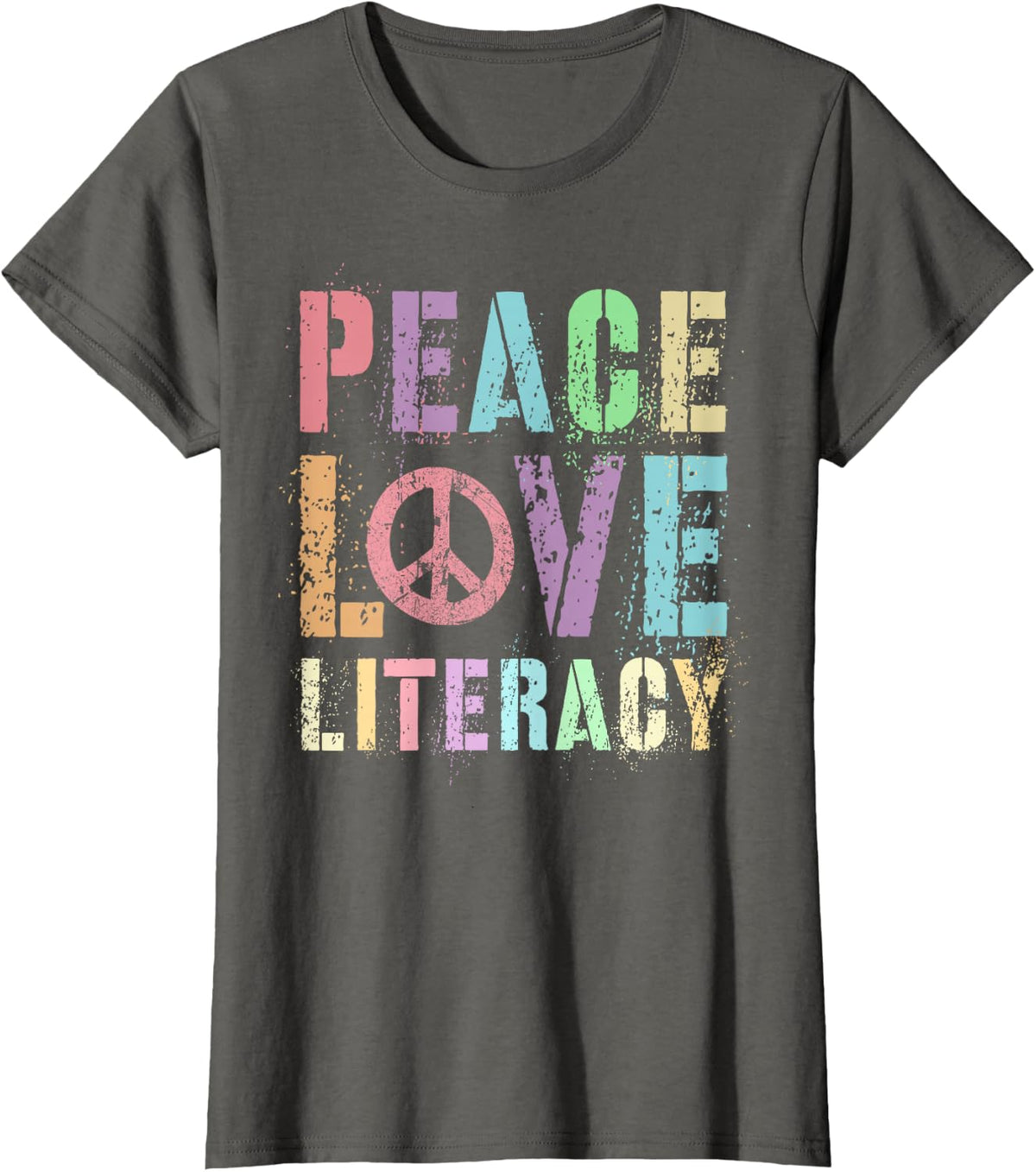 Groovy PEACE LOVE LITERACY Teacher Library Reading Preschool T-Shirt - Asphalt Grey