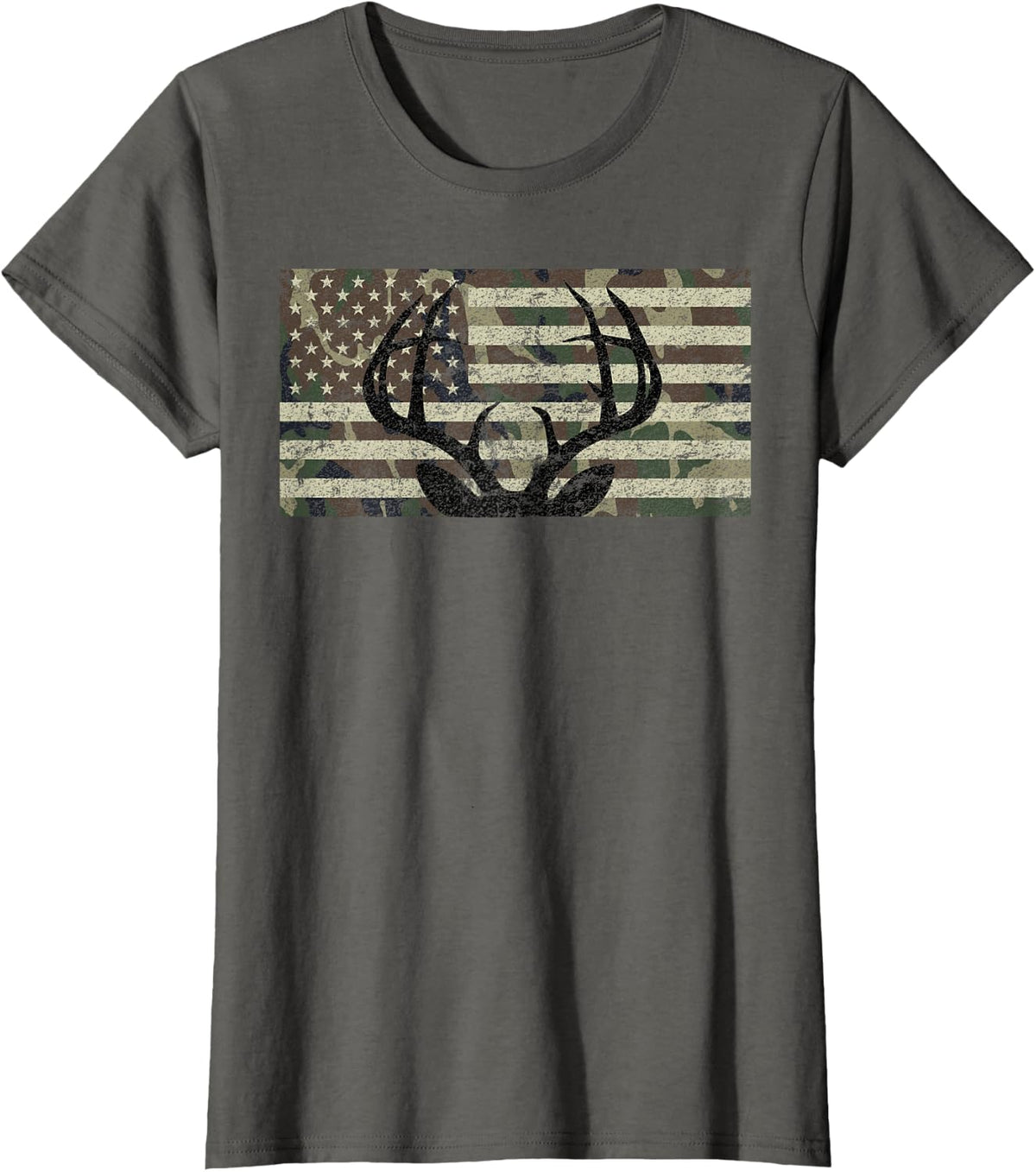 Deer Hunting Camo American Flag Buck Antlers Hunter Country T-Shirt - Asphalt Grey