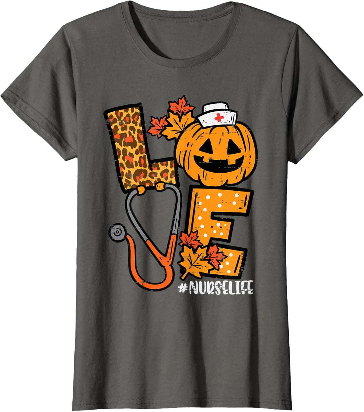 Leopard Pumpkin Nurse Halloween Costume Fall Scrub Top Women T-Shirt - Asphalt Grey