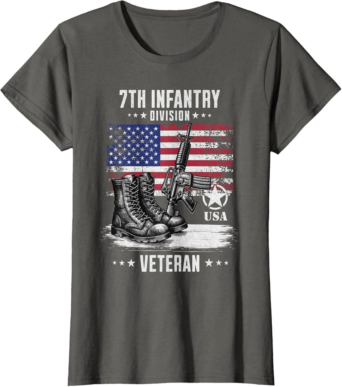 SoldierTees 7th Infantry Division Veteran Distressed Unisex-Adults T-Shirt - Black, Short Sleeve, Classic Fit, Military,