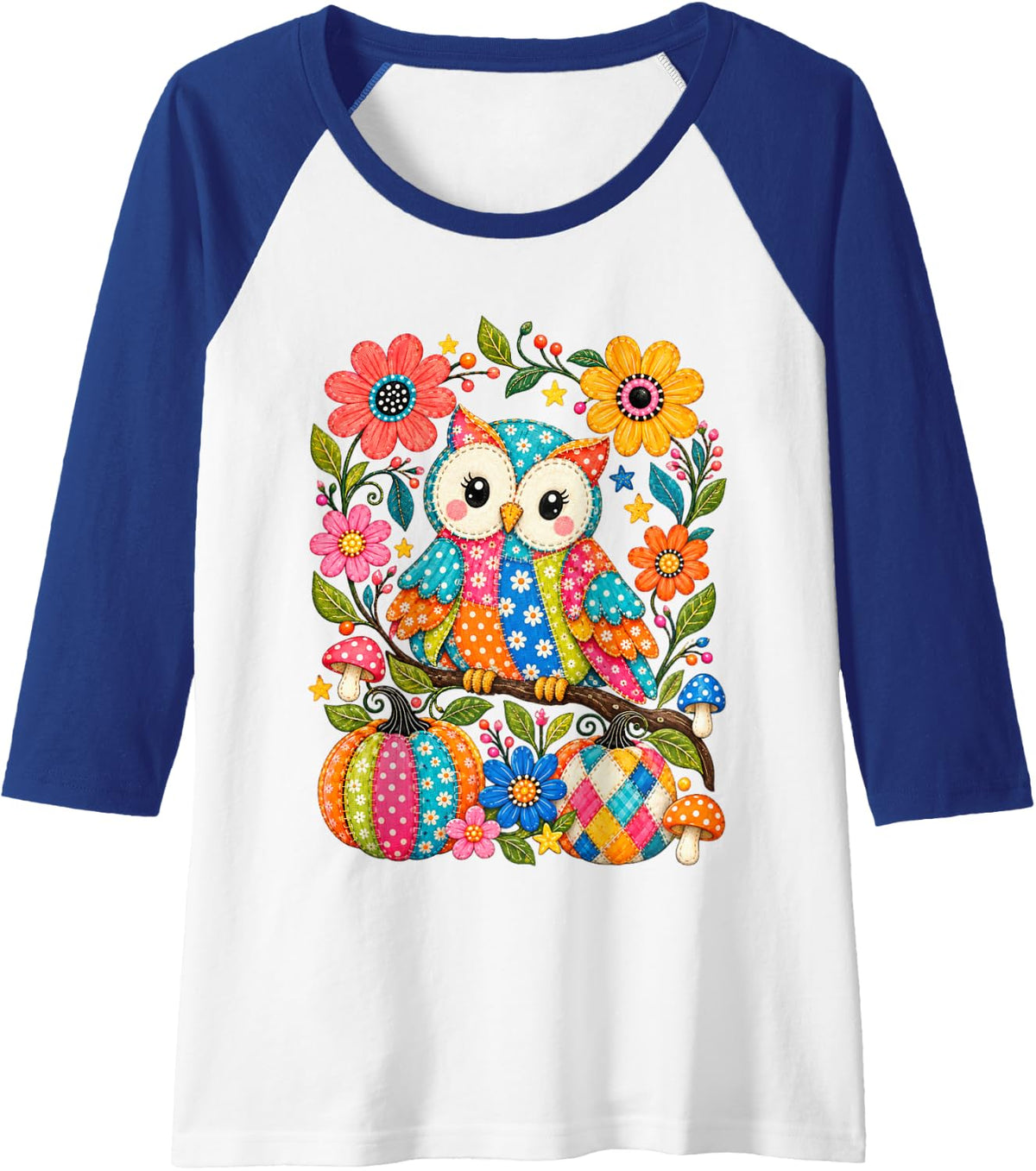 Ghost Halloween Funny Whimsical Folk Art Sweatshirt Owl Raglan Baseball Tee - Royal Blue\/White